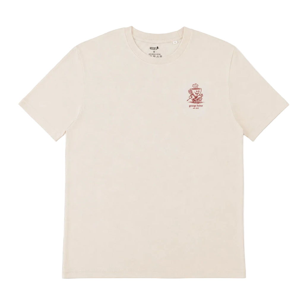 A cream t-shirt with a teacup logo