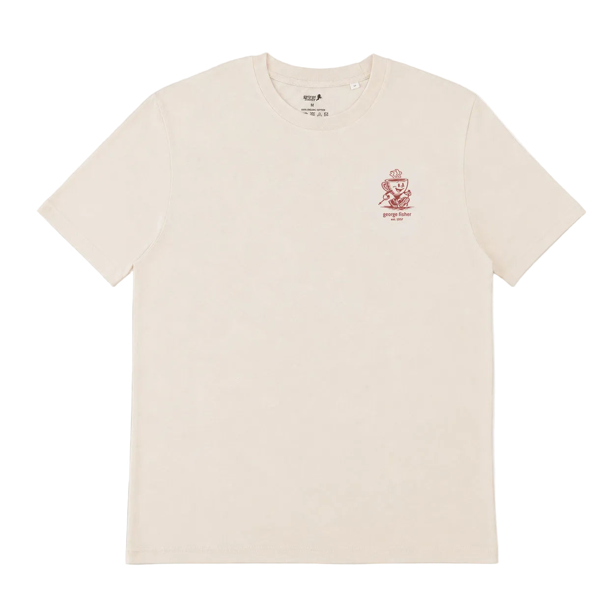 A cream t-shirt with a teacup logo