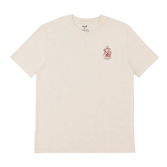 A cream t-shirt with a teacup logo