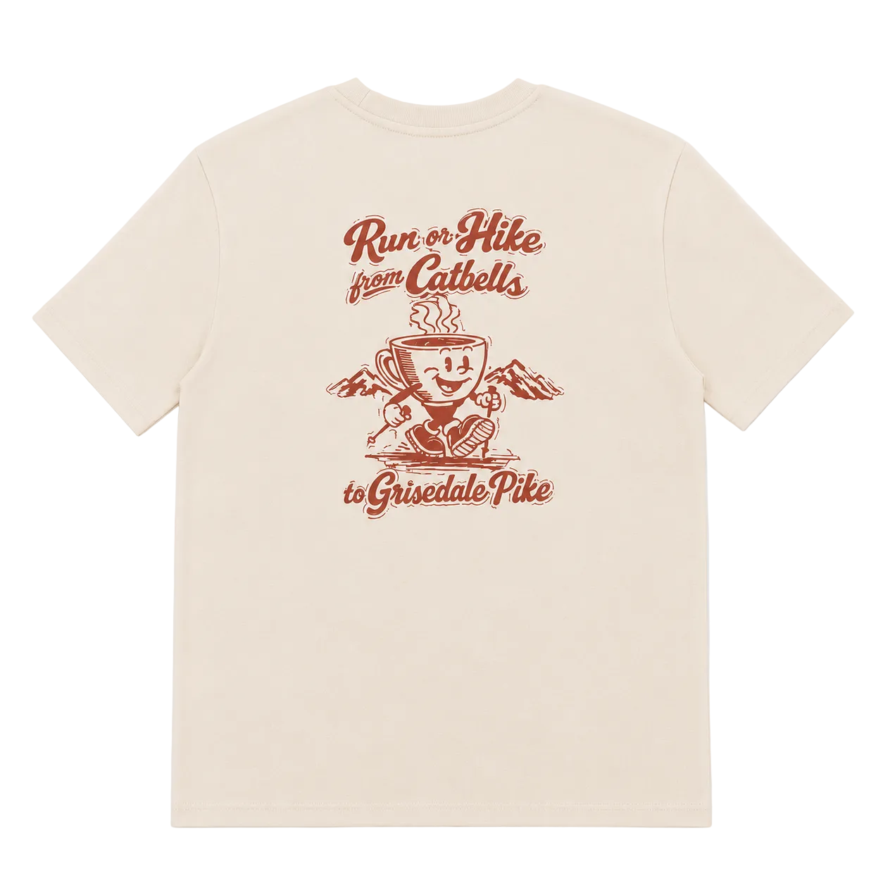 A cream-colored short-sleeve t-shirt with a red graphic print on the front. The graphic features a coffee cup character with mountains and the text 'Run or Hike from Cathbells to Grisedale Pike'.