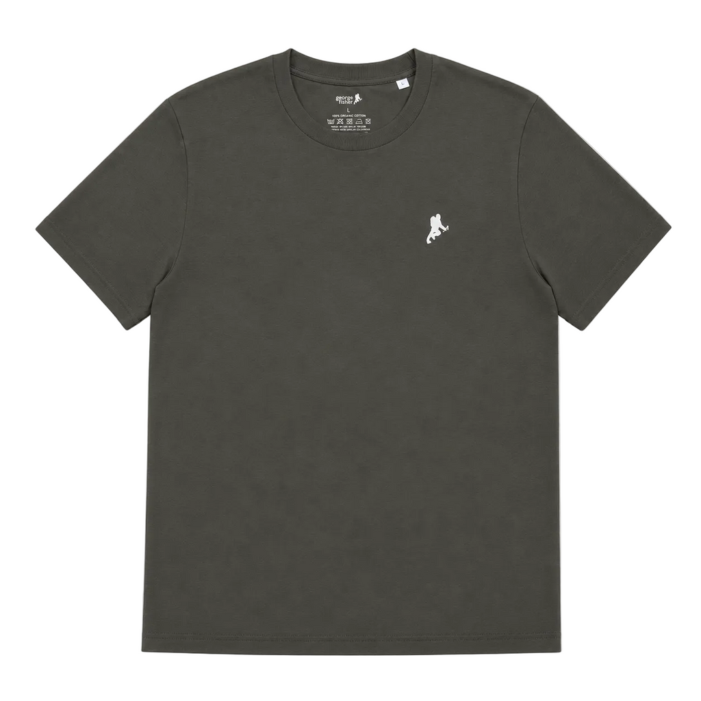 Khaki green short-sleeve t-shirt with a white George Fisher logo