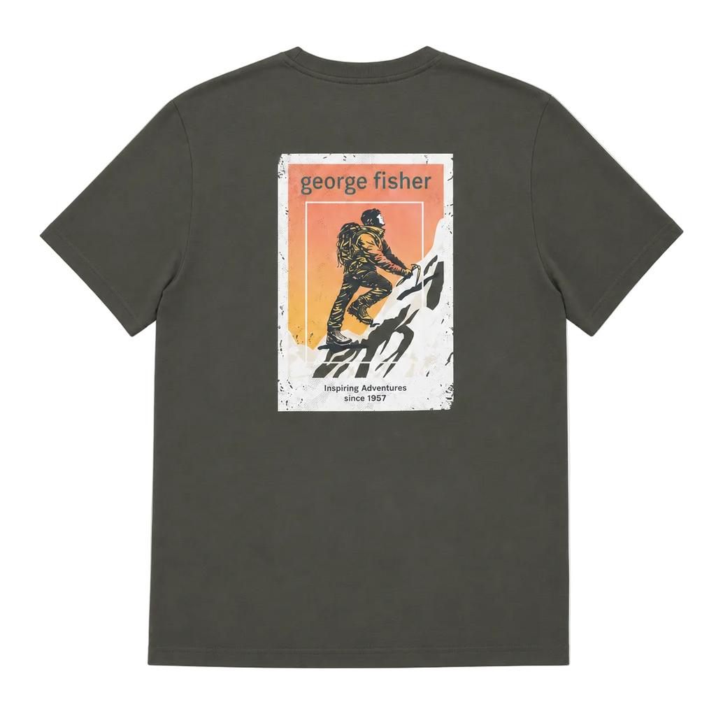 A dark olive green short-sleeve t-shirt shown from the back, featuring a large rectangular graphic print on the center back with a climbing illustration and the text 'george fisher' and 'inspiring adventures since 1957'.