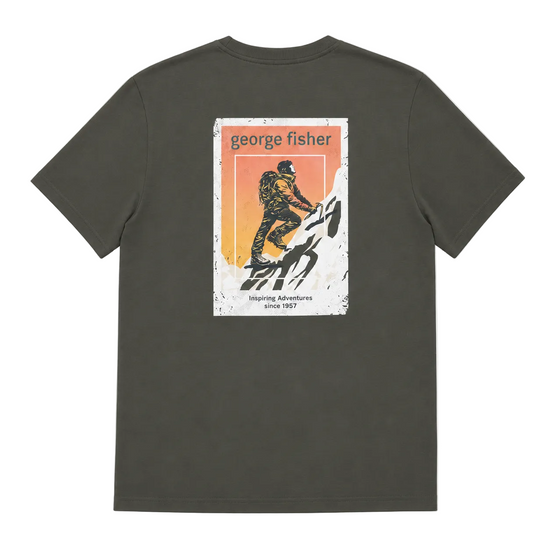A dark olive green short-sleeve t-shirt shown from the back, featuring a large rectangular graphic print on the center back with a climbing illustration and the text 'george fisher' and 'inspiring adventures since 1957'.