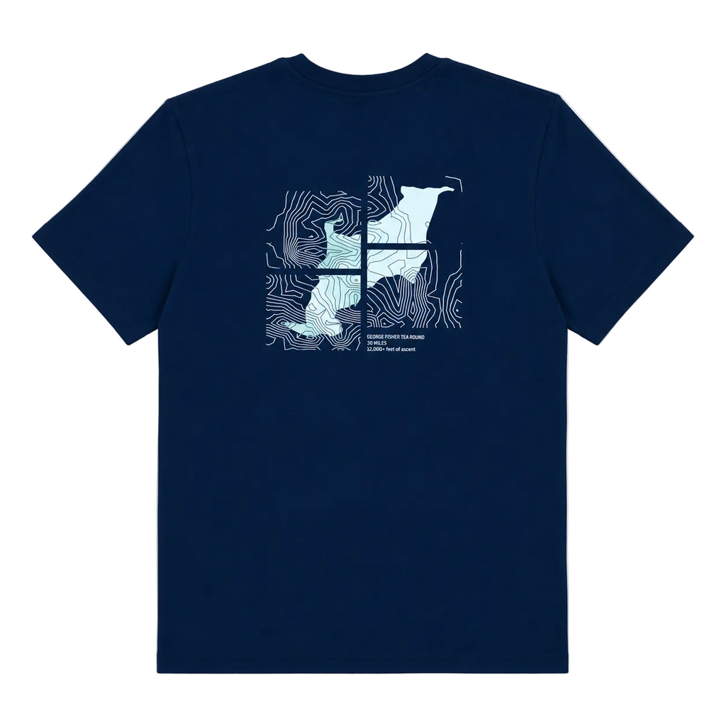 The back of a navy blue short-sleeve t-shirt with a topographic lines graphic and "George Fisher Tea Round" text with co-ordinates.