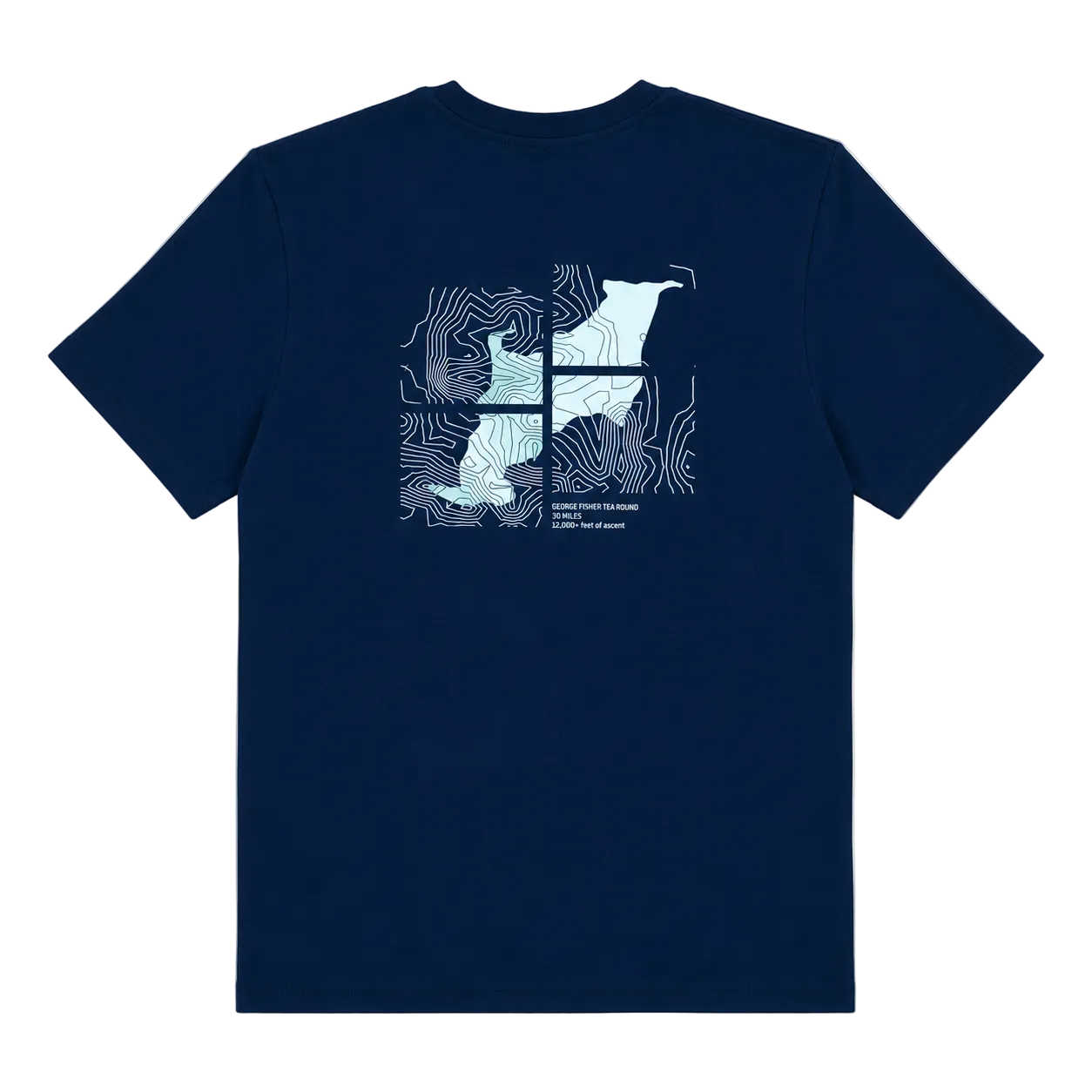 The back of a navy blue short-sleeve t-shirt with a topographic lines graphic and "George Fisher Tea Round" text with co-ordinates.