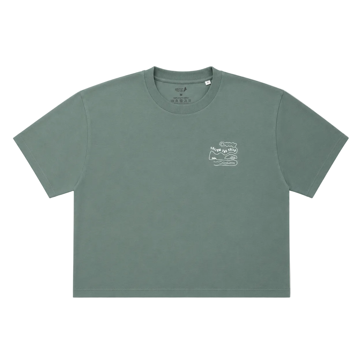 A muted sage green short-sleeve crop top t-shirt with a small white graphic on the left chest, displayed flat against a white background.