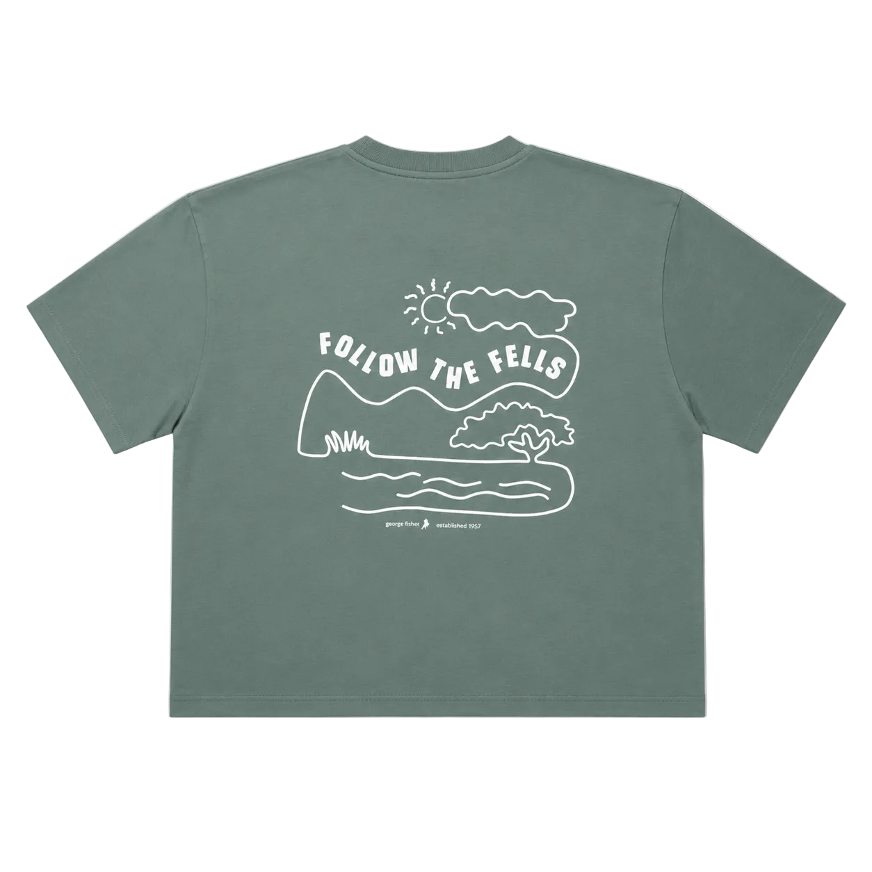 A sage green short-sleeve t-shirt shown from the back, featuring a white line art graphic of a landscape with the text 'FOLLOW THE FEELS' and a small 'George Fisher' brand logo printed below.