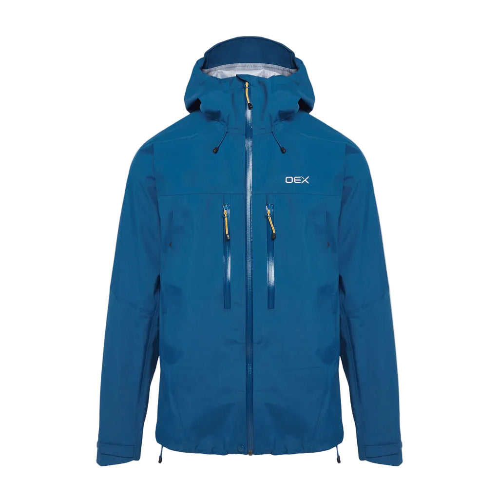 Blue jacket with a brand logo on a light gray background