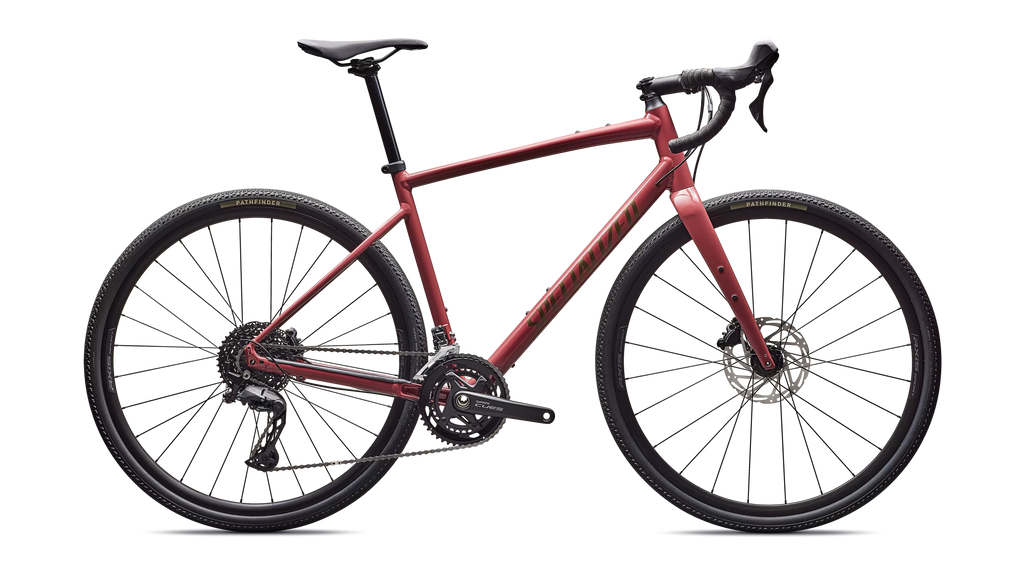 Red gravel bike with a Specialized logo