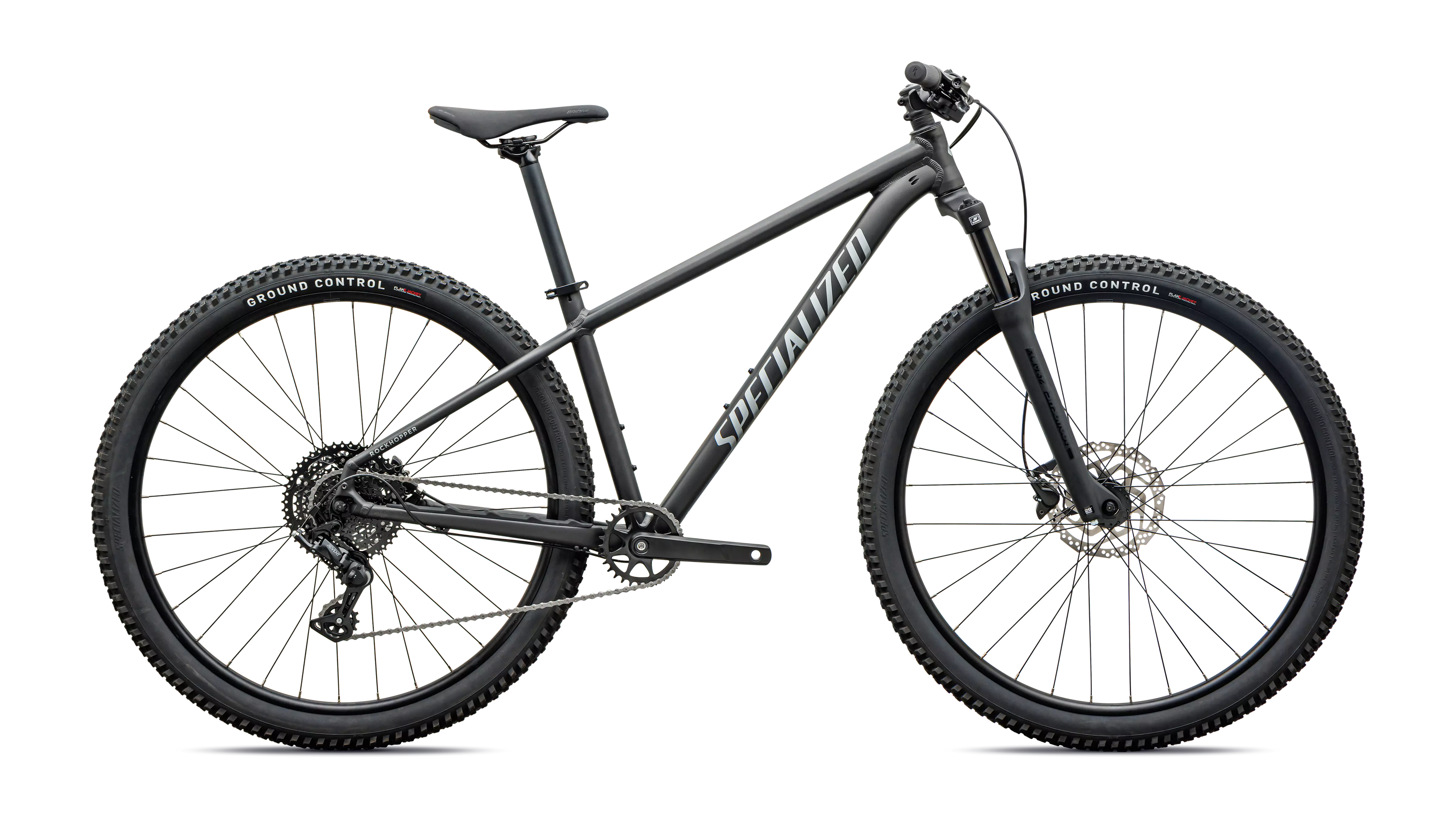 Side profile of a grey front suspension mountain bike on a white background 