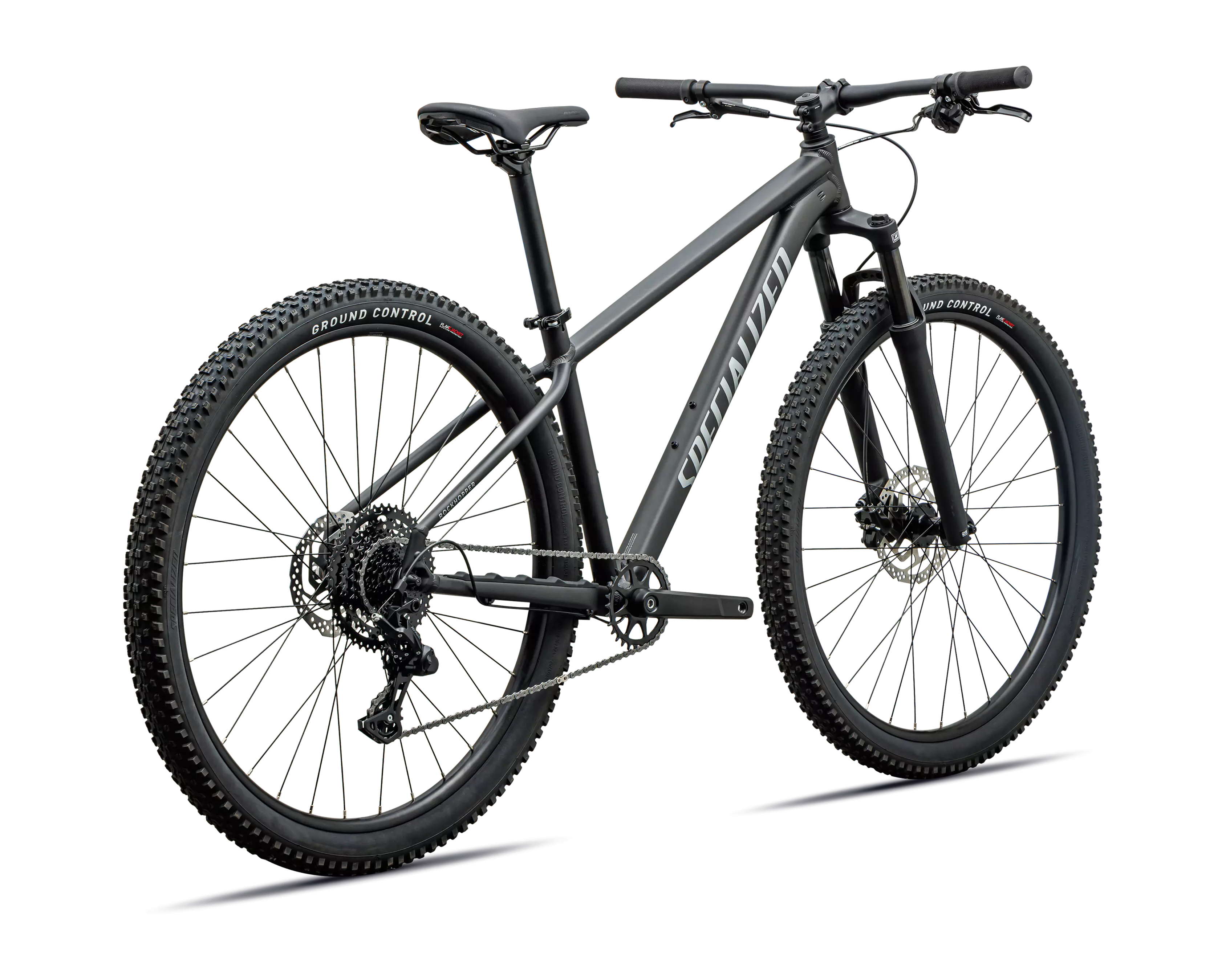 A matte black full-suspension mountain bike with knobby tires, a rear derailleur, and a visible 'Specialized' brand name on the frame, shown against a plain white background.