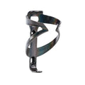 A dark metallic bicycle water bottle cage with an iridescent, holographic finish, shown on a clean white background.