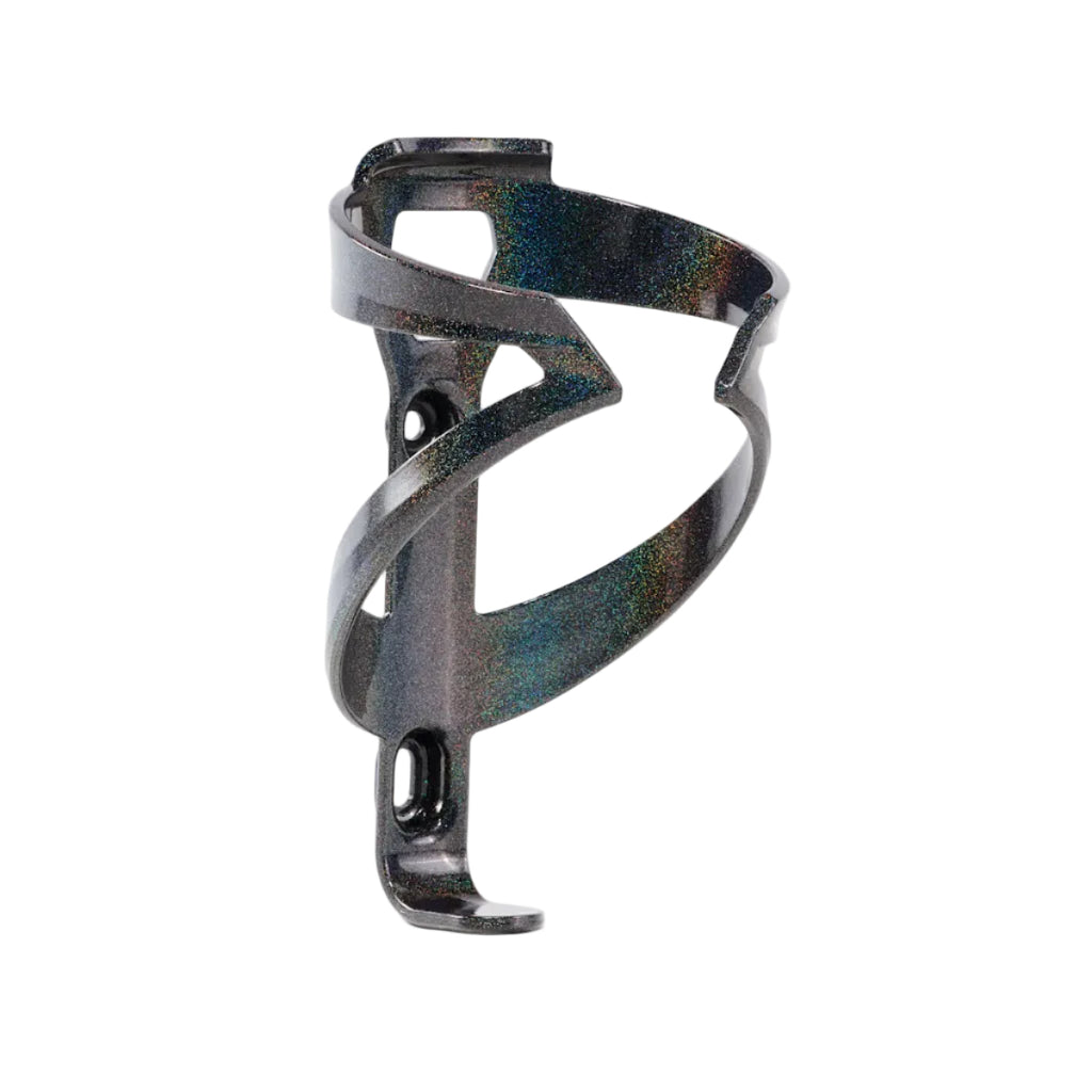 A dark metallic bicycle water bottle cage with an iridescent, holographic finish, shown on a clean white background.