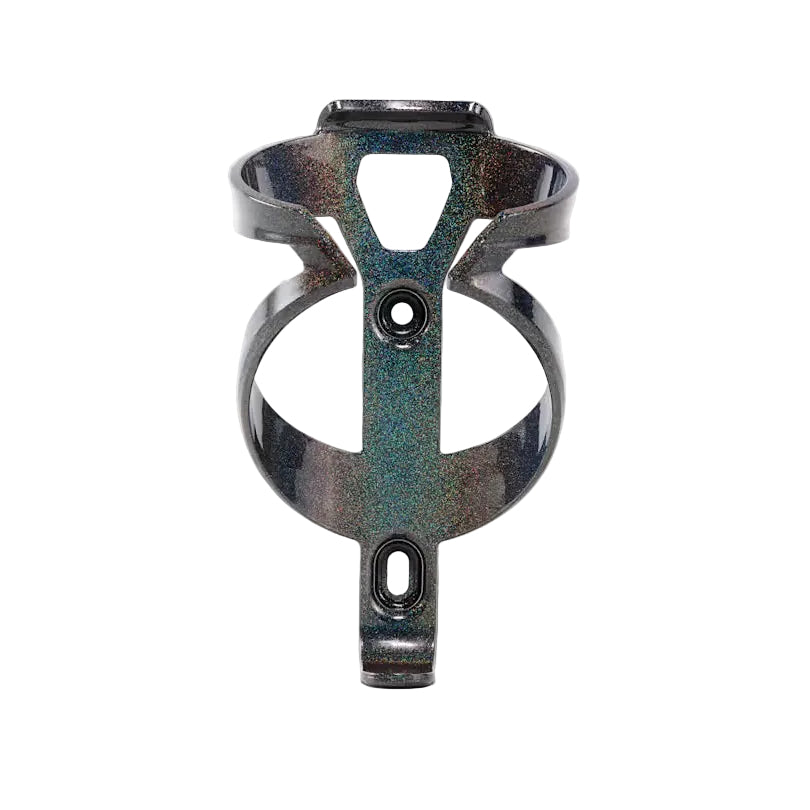 A bicycle water bottle cage with a dark metallic finish and subtle iridescent green-blue glitter, shown against a plain white background.