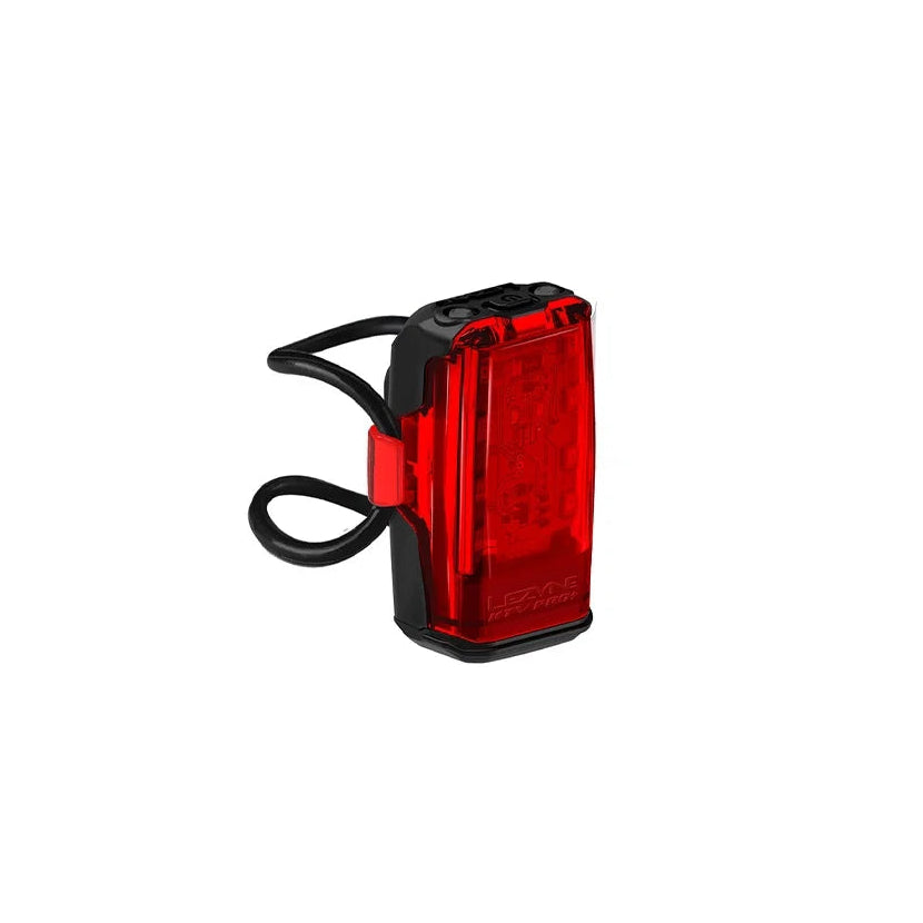 Red bicycle tail light with black strap on a white background