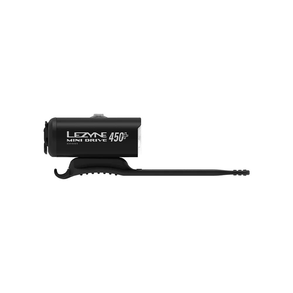 The side profile of a black LED bike light with the Lezyne logo on a white background