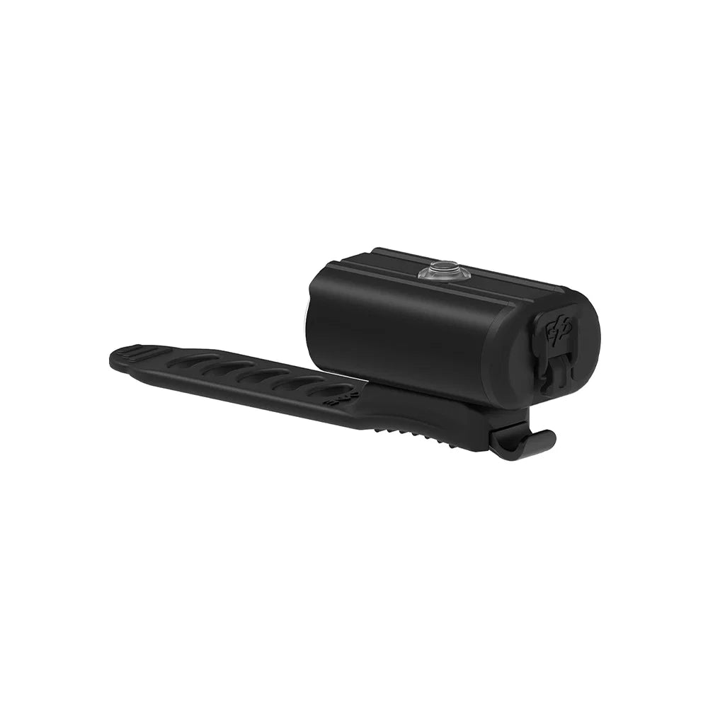A black LED bike light on a white background
