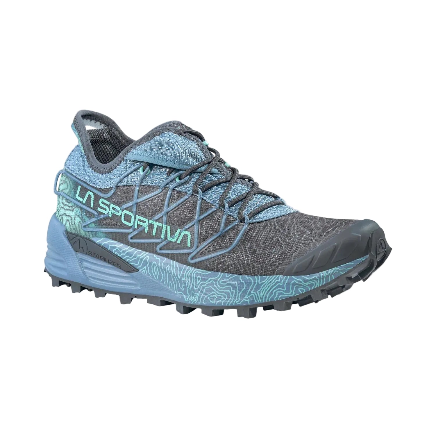 A La Sportiva trail running shoe in gray and light blue, featuring a patterned design and the La Sportiva brand name on the side, set against a light gray background.