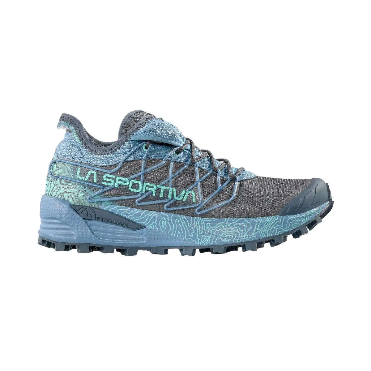 A La Sportiva trail running shoe in gray and light blue, shown from the side against a light gray background.