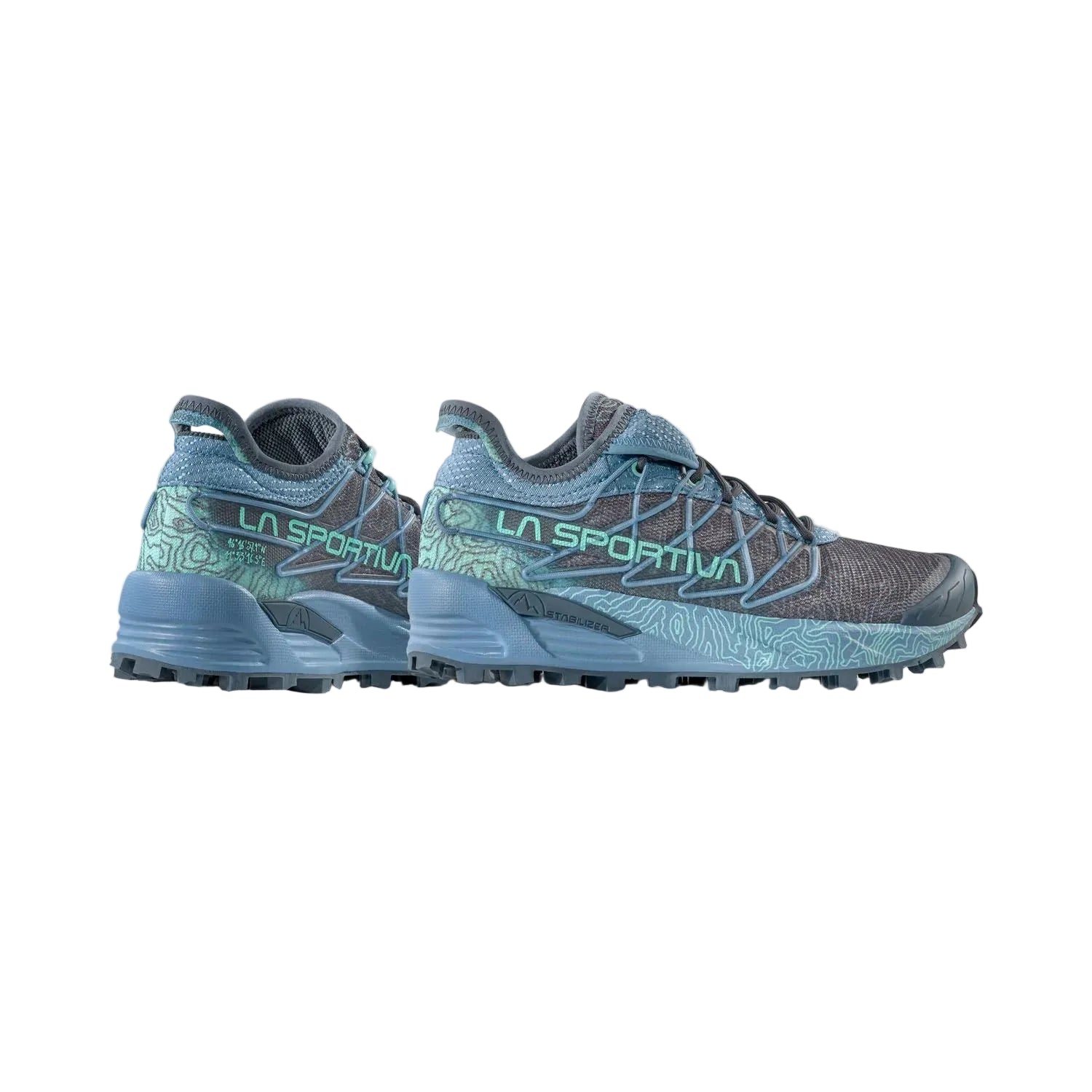 A pair of La Sportiva trail running shoes in a dusty blue and gray colorway with light blue patterned details, shown from the side against a light gray background.