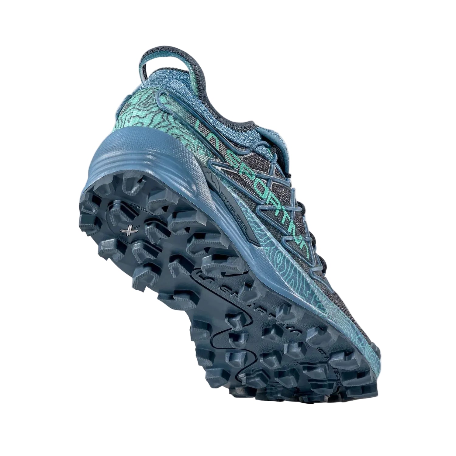 A trail running shoe shown from a three-quarters angle, highlighting its rugged dark blue outsole and patterned blue and teal upper against a light gray background.