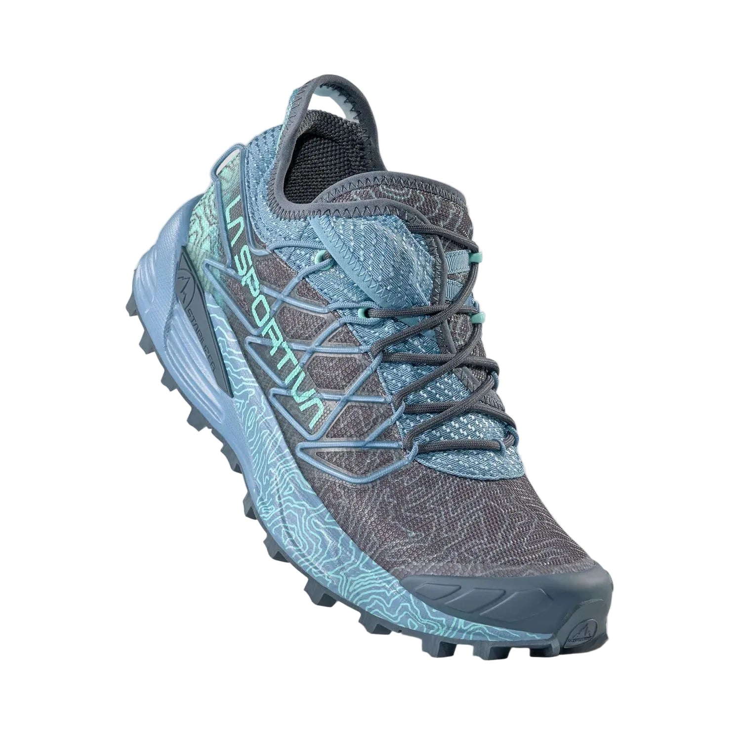 A single trail running shoe from La Sportiva, shown at a three-quarter angle against a white studio background. The shoe features a gray and blue patterned mesh upper, a light blue midsole with darker blue accents, and a dark gray outsole.