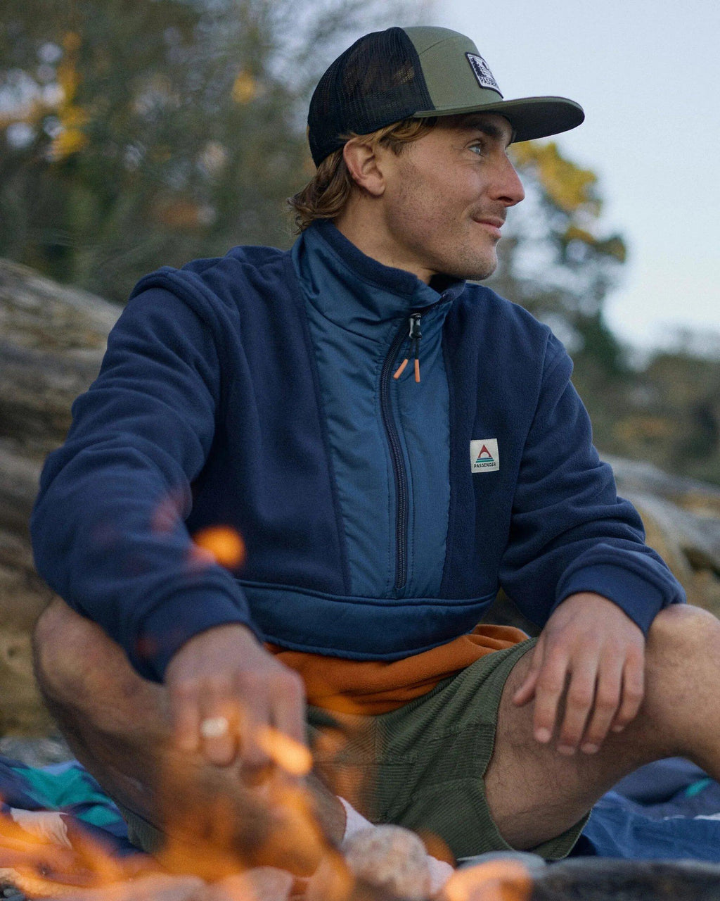 Men's Woodland Hoodless 1/2 Zip Fleece - Blue / Orange