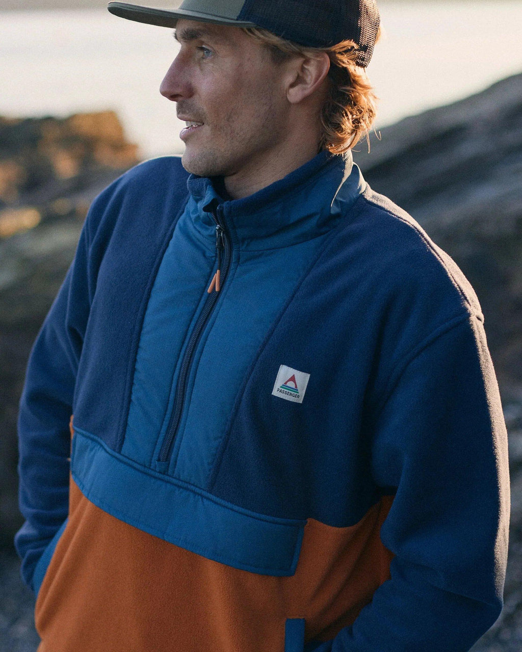 Men's Woodland Hoodless 1/2 Zip Fleece - Blue / Orange